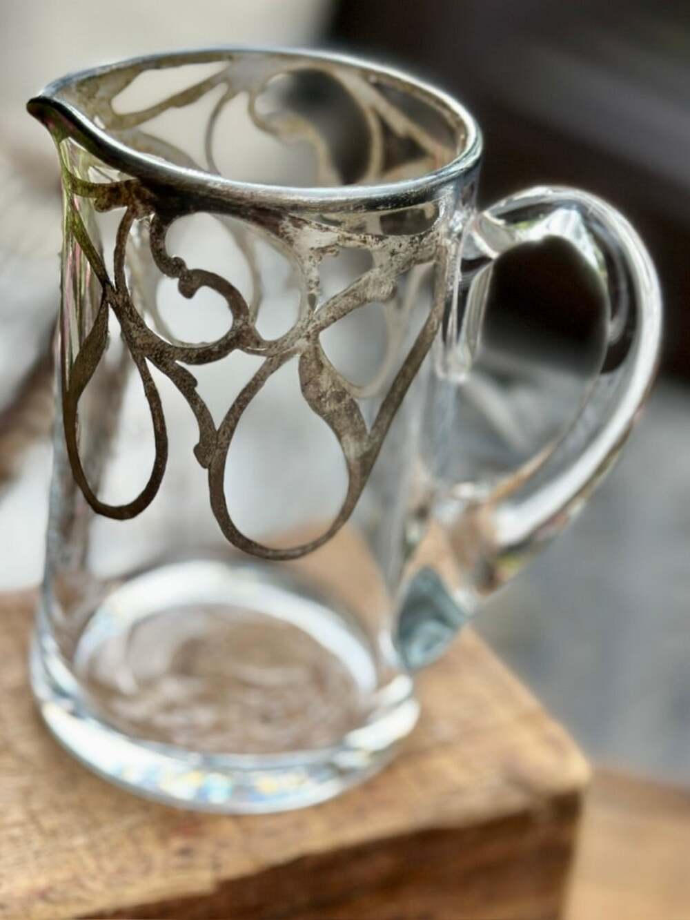Vintage Glass Creamer Pitcher Silver Overlay Excelsior Lodge 1912